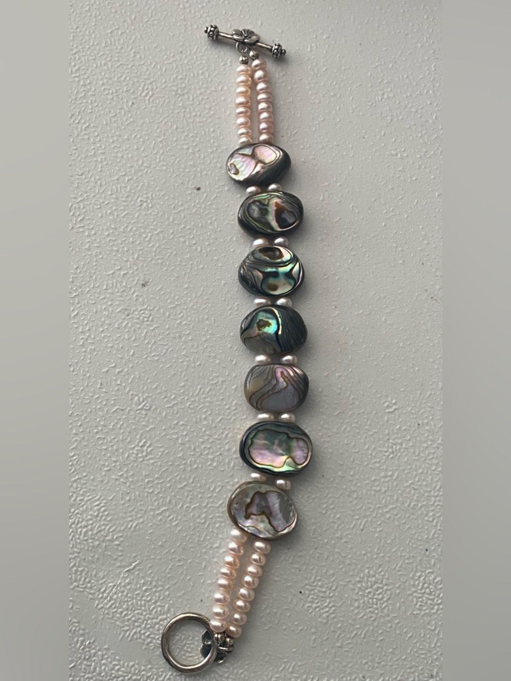 Abalone Shell & Pearl Bracelet Sterling Silver Toggle Baroque Artisan Jewelry
